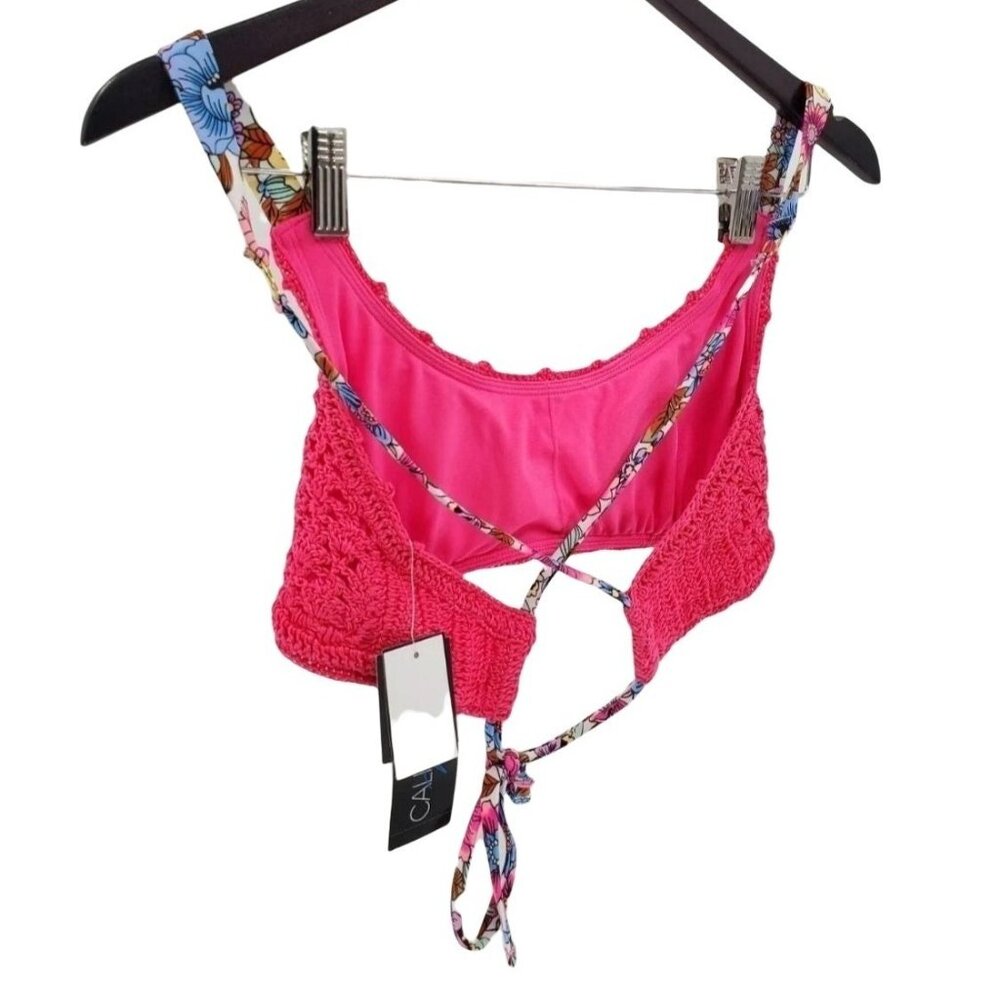 California Waves Large Bikini Top Neon Pink Retro Knit Crochet Bralette Swimwear - Picture 4 of 12